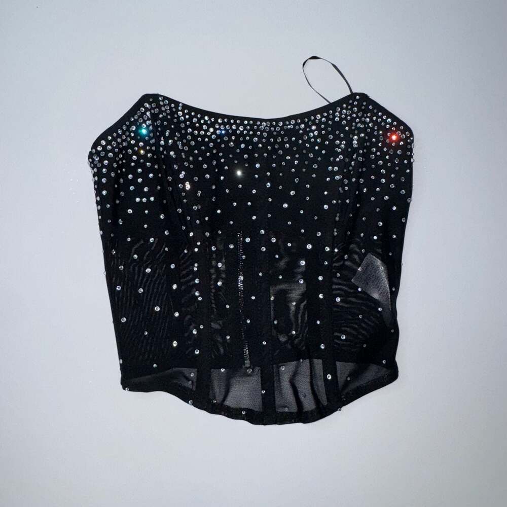 Edikted Black Rhinestone Mesh Corset Top Size XS NWOT